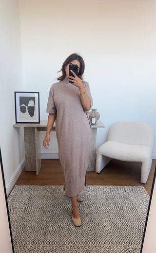Taupe high neck knit dress- brielle - Fash Focused