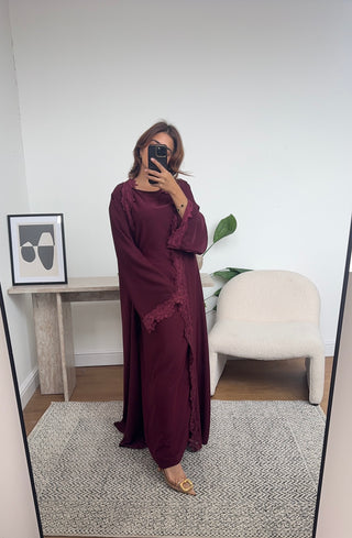 Burgandy lace detail kimono two piece - aliyah - Fash Focused