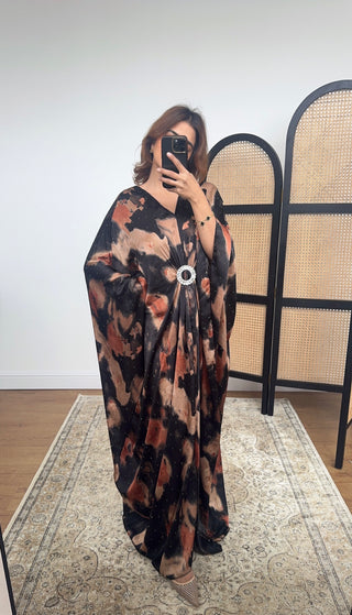 Black/coral marble printed diamente kaftan- rana - Fash Focused