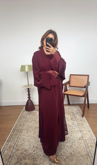 Burgandy lace detail kimono two piece - amani - Fash Focused