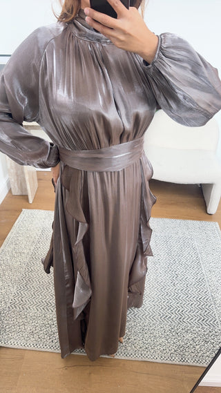 Taupe high neck long dress- aurelia