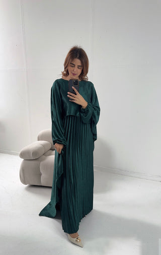 Emerald pleated cape dress -mula - Fash Focused