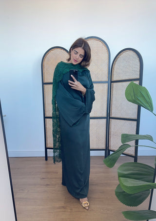 Emerald satin dress with lace scarf - malika