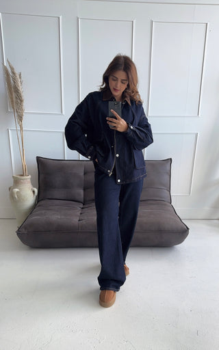 Navy denim jacket with corduroy - Kaya - Fash Focused