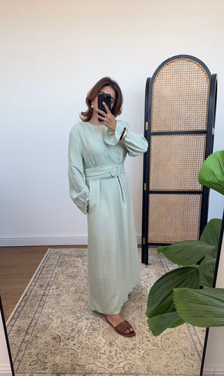 Sage linen mix dress with belt- naria - Fash Focused