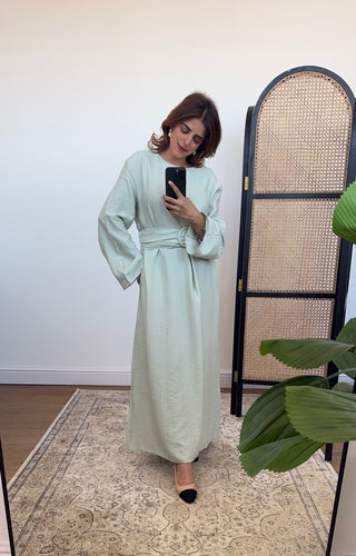 Sage linen mix dress with belt- naria - Fash Focused