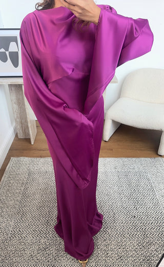 magenta long flare sleeve fishtail dress- dion - Fash Focused