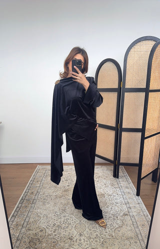 Black velvet scarf coord with gold brooch- nura - Fash Focused