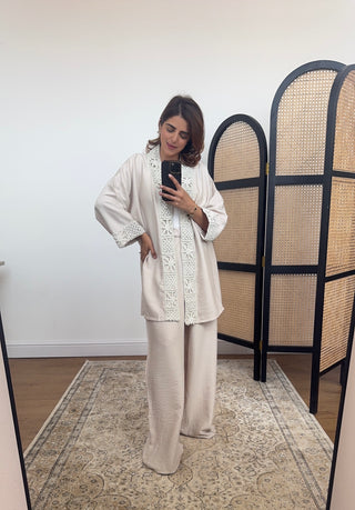 Cream crochet kimono coord - abia - Fash Focused