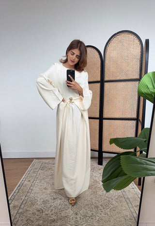 Ivory dress with gold brooch- gia - Fash Focused