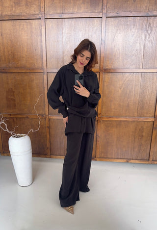 Black shirt coord with gold buttons- venezia - Fash Focused