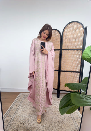 Pink kaftan with gold embroidery- naila - Fash Focused