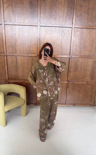 Olive floral chiffon silk coord- Neva