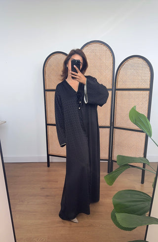 Black satin check long sleeve dress