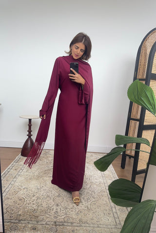 Burgandy fringe cape dress- elara