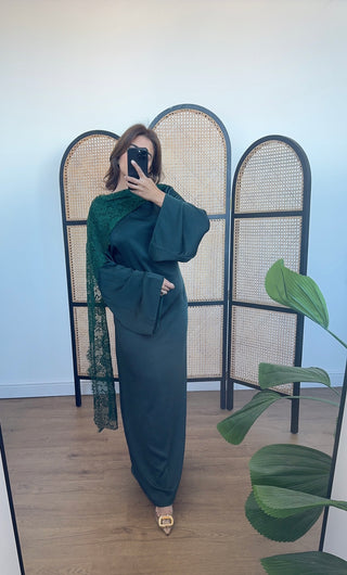 Emerald satin dress with lace scarf - malika