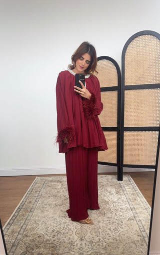 Burgandy pearl muse set with feather sleeves- jumana - Fash Focused
