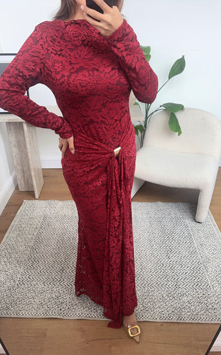 Wine lace dress with waist tie detail- ciya