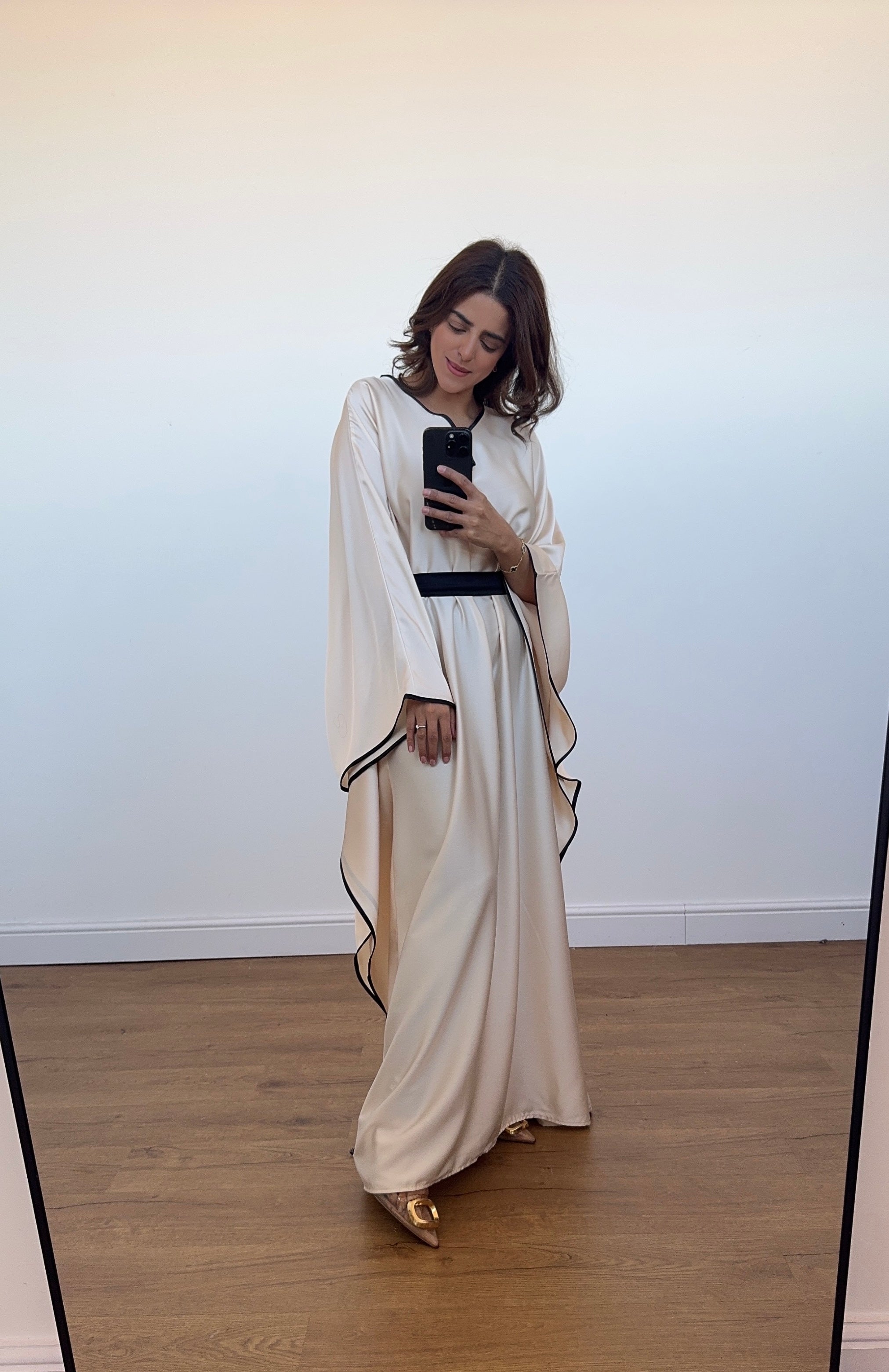 cream kaftan dress Sahra Cream Satin Shoulder Gather Kaftan Dress House Of Haniya