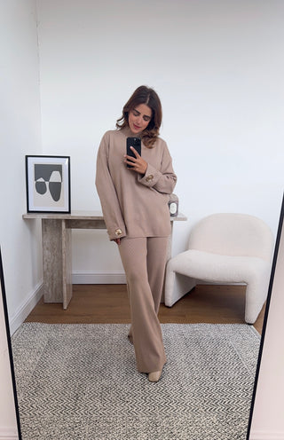 Camel knit coord with gold button- kai - Fash Focused