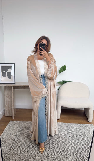 Beige velvet lace abaya- layla - Fash Focused