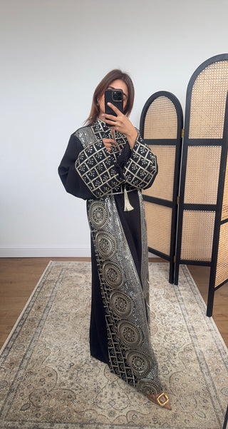 Black embellished dress with a belt for fitting- zahra - Fash Focused