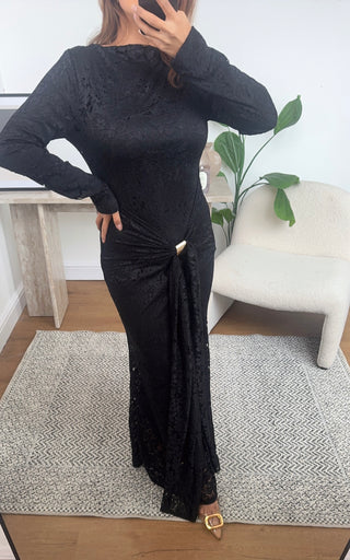 Black lace dress with waist tie detail- ciya