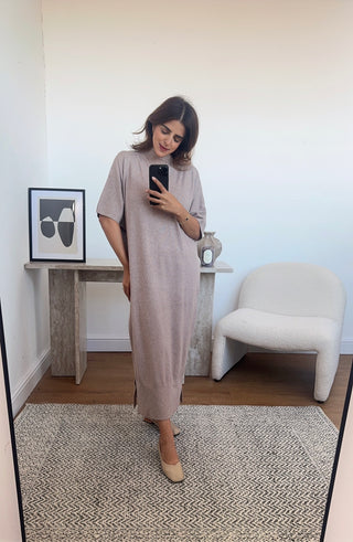 Taupe high neck knit dress- brielle - Fash Focused
