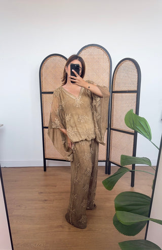 Camel embroidered chiffon silk coord- laya