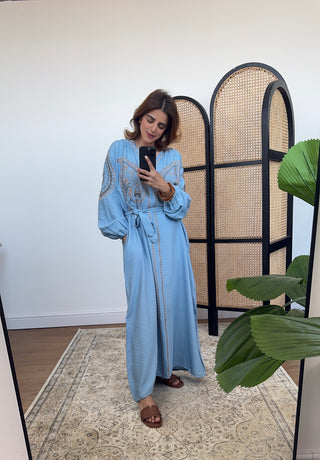 Blue dress with embroidery and a belt- triana - Fash Focused