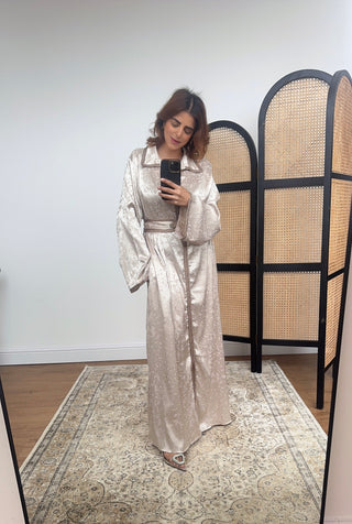 Cream jacquard satin dress with belt- lamar - Fash Focused