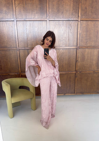 Pink embroidered chiffon silk coord- laya