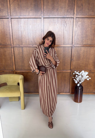 Brown two piece stripe skirt set- tabia