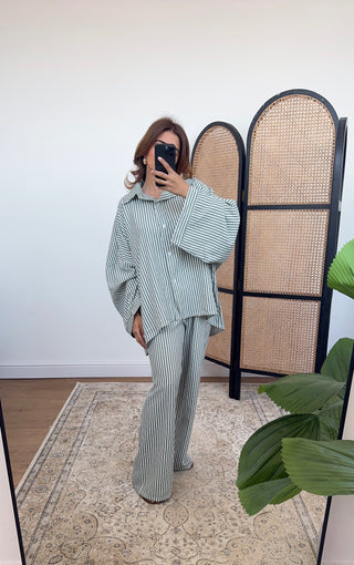 Green stripe button down coord- wari - Fash Focused