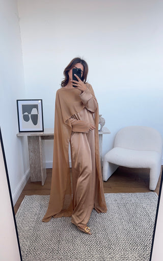 Gold long sleeve cape dress- sai - Fash Focused