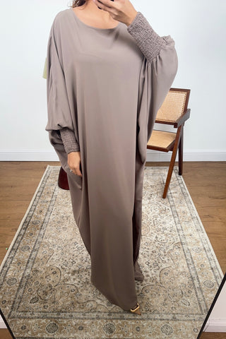 Taupe basic abaya with elasticated sleeve- Dina - Fash Focused