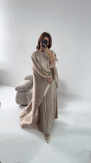 champagne pleated cape dress -mula - Fash Focused