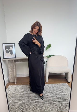 Black lace detail tie back dress- beyi