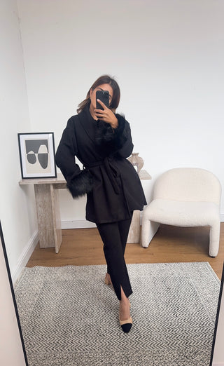 Black Faux fur trim shawl jacket- shay - Fash Focused