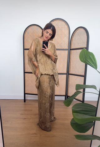 Camel embroidered chiffon silk coord- laya