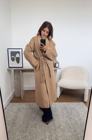 camel handmade wool belted coat- marli - Fash Focused