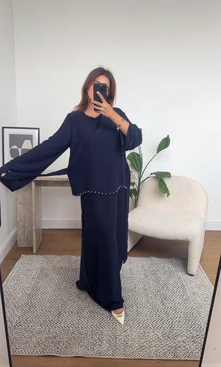 Navy waist pearl dress with back tie - nena