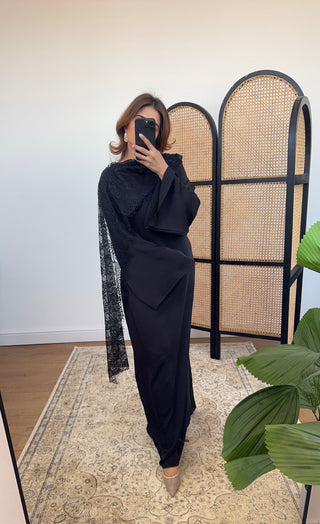 Black satin dress with lace scarf - malika - Fash Focused