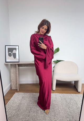 wine scarf detail fishtail dress- Regina - Fash Focused