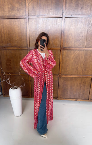 Pink Zigzag crochet kimono with belt- sahi - Fash Focused