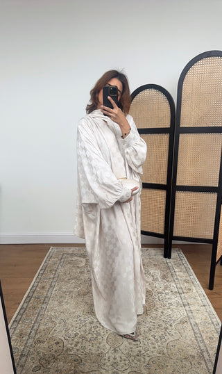 Ivory checked dress with neck scarf- sundus - Fash Focused