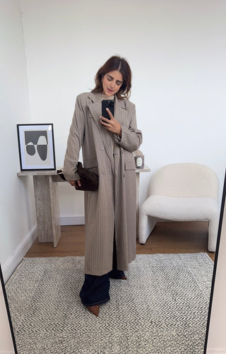 Taupe striped longline blazer - Aria - Fash Focused