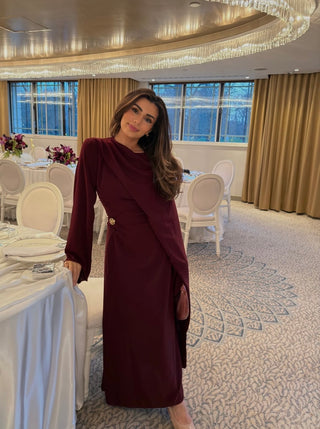 Wine dress with drape scarf- zaria - Fash Focused