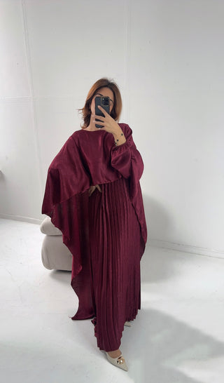 Burgandy pleated cape dress -mula - Fash Focused