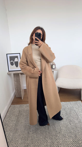 camel handmade wool belted coat- marli - Fash Focused